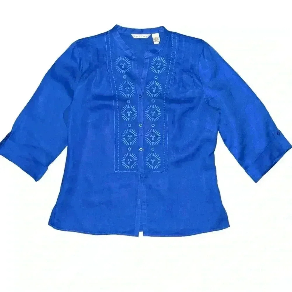 E•COL•O•GIE size Large 100% linen beautiful blue with detailed embroidery top